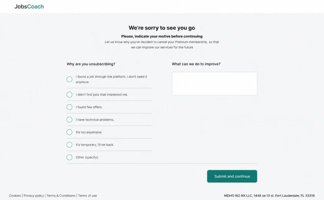 How to unsuscribe from JobsCoach: send feedback